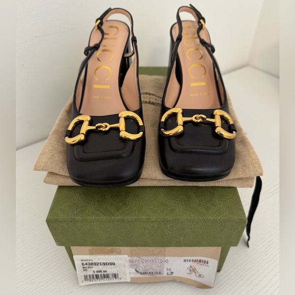 GUCCI Baby Horsebit Slingback Leather Pump Black Gold EU 36 Authentic Shoes - Picture 9 of 11